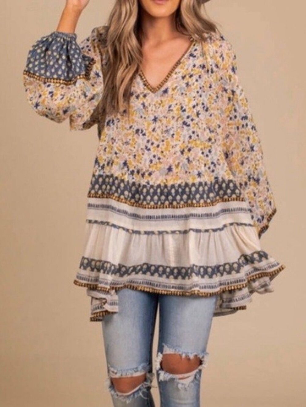 Free People Yellow & Blue Floral Tiered V-Neck Tunic